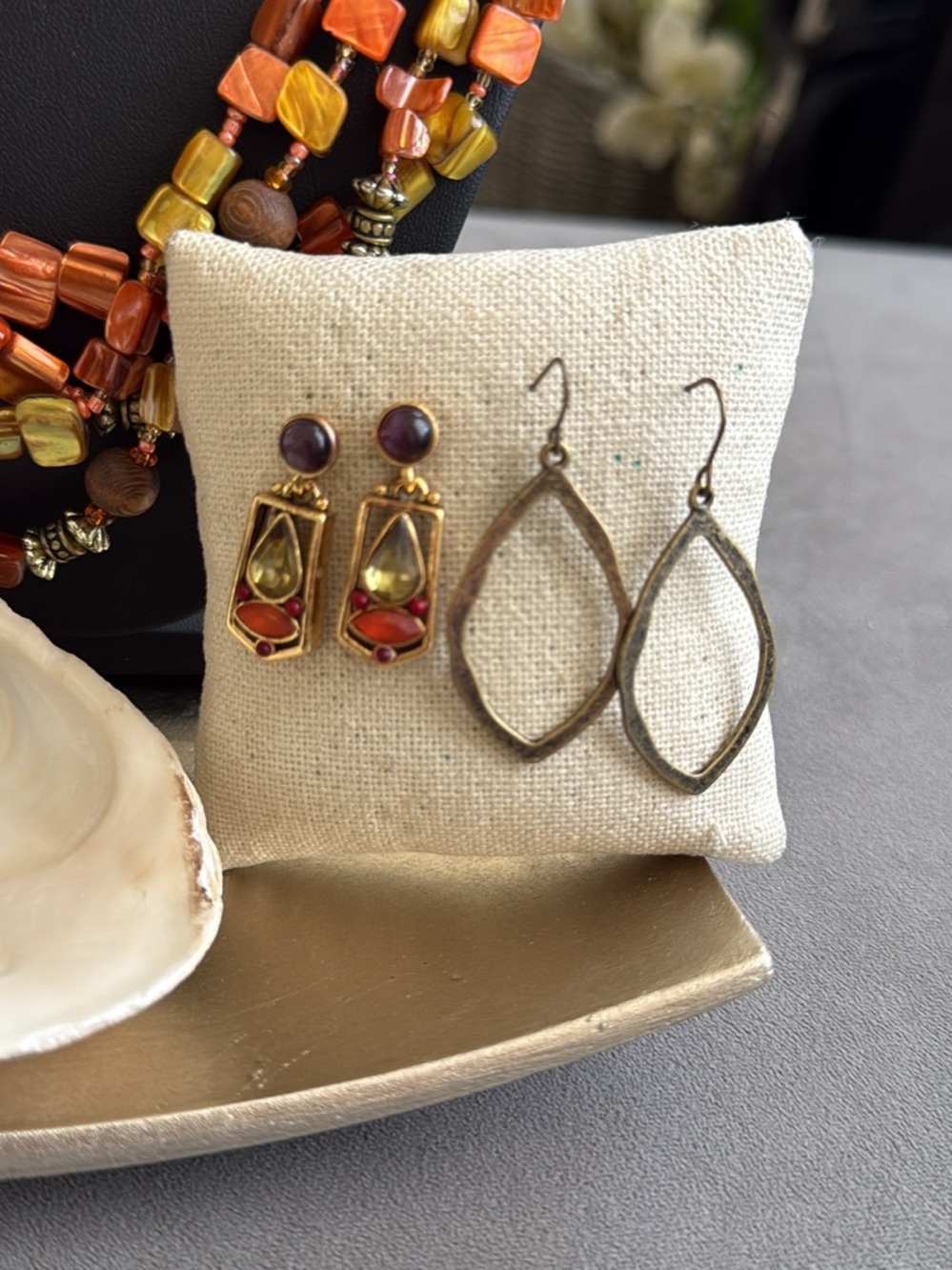 Boho Multi-Strand Orange and Gold Beaded Necklace Set - Earrings Bracelets Gift - Picture 2 of 5